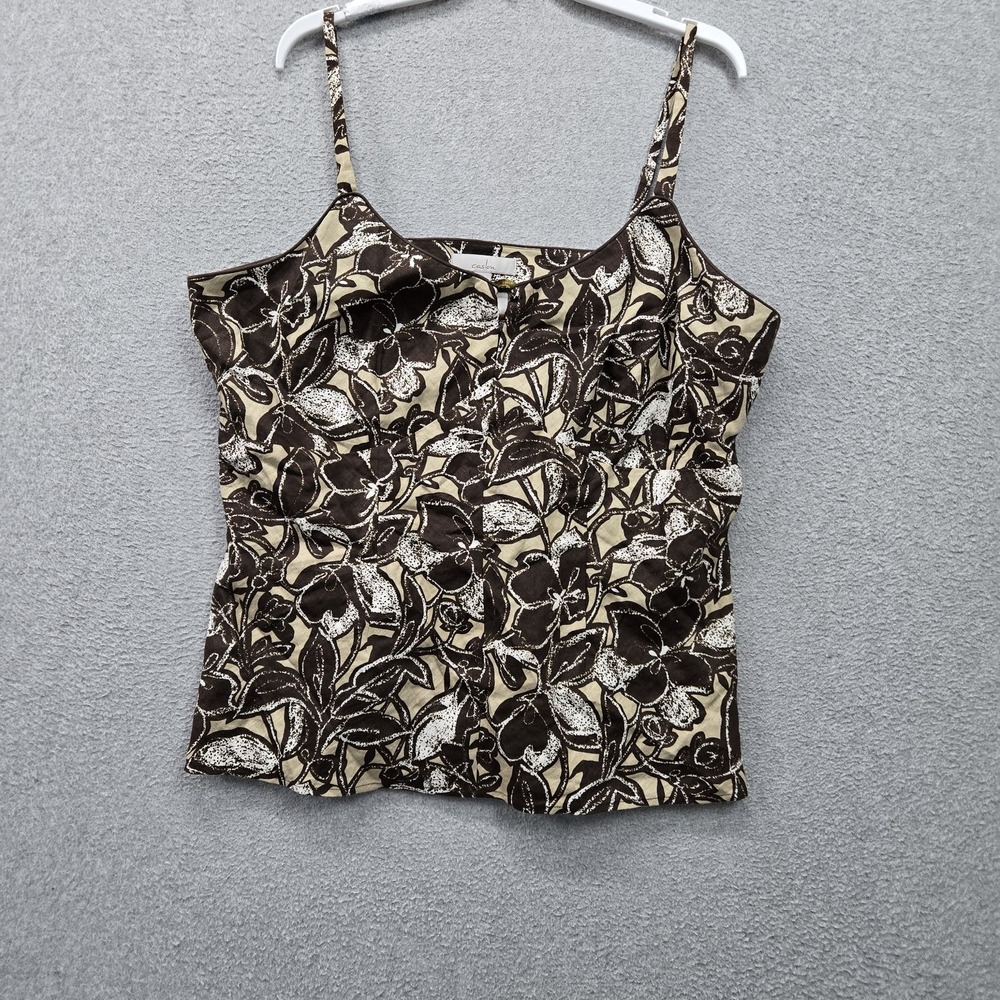 Caslon Women Tank Top 1X Brown Linen Floral Cami Pullover Lightweight